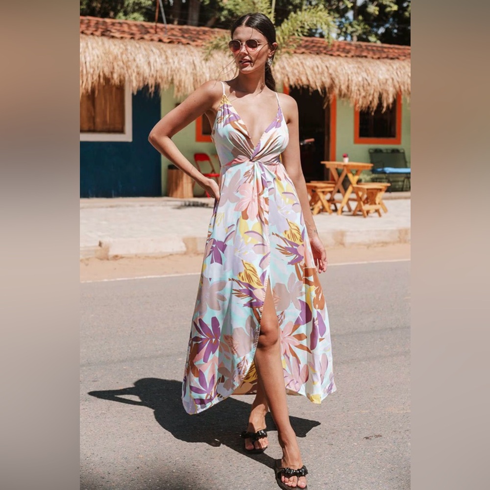 Cupshe Pastel Floral Twist-Front Maxi Dress in Mint, Lilac & Peach